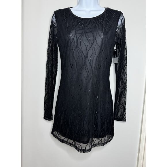 Bisou Bisou Black Mesh Long Sleeve Mini Dress M Sheer 90s Y2K Cocktail Dance - Picture 1 of 12